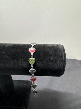 Colorful Heart Charm Bracelet With Mixed Stone Inlay & Silver-Tone Links Lobster